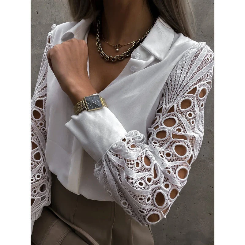 Damen-Bluse mit Knopfleiste und Ärmeln mit Durchbruchmuster