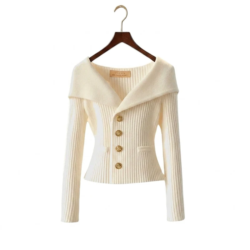 Damen-Rippstrick-Cardigan mit Off-Shoulder-Kragen und Zierknöpfen