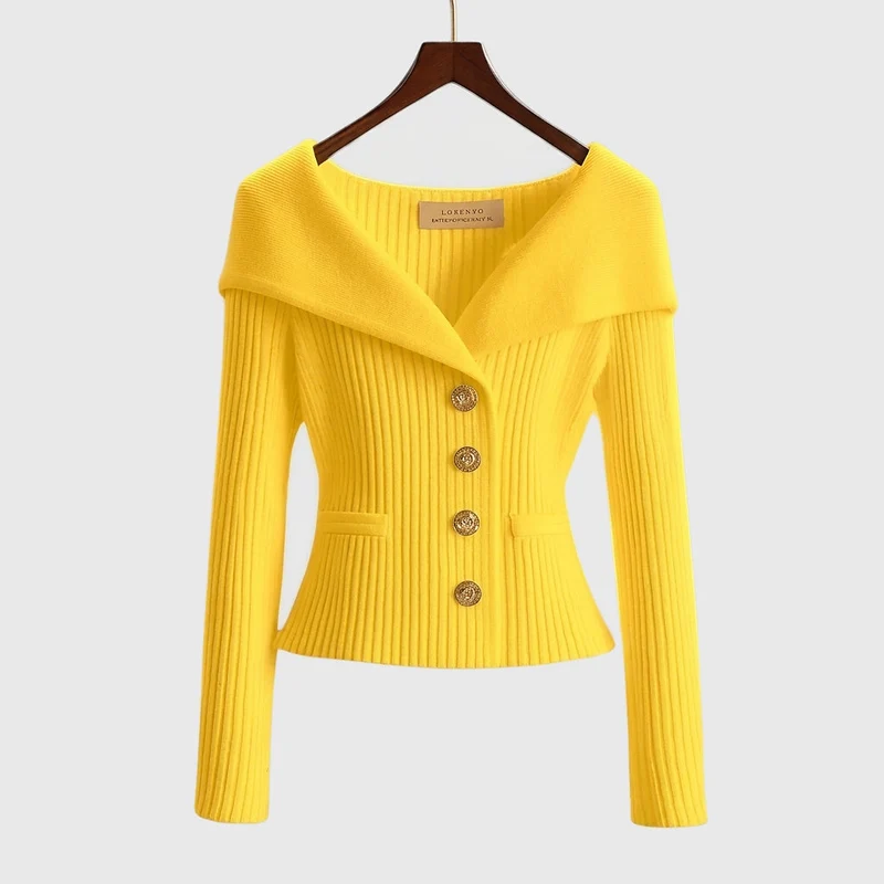 Damen-Rippstrick-Cardigan mit Off-Shoulder-Kragen und Zierknöpfen