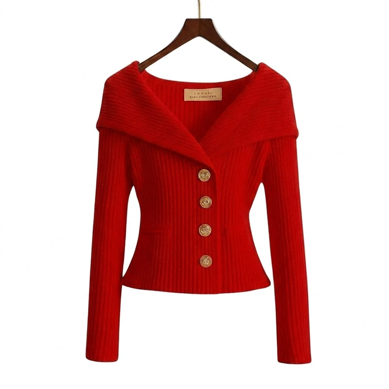 Damen-Rippstrick-Cardigan mit Off-Shoulder-Kragen und Zierknöpfen
