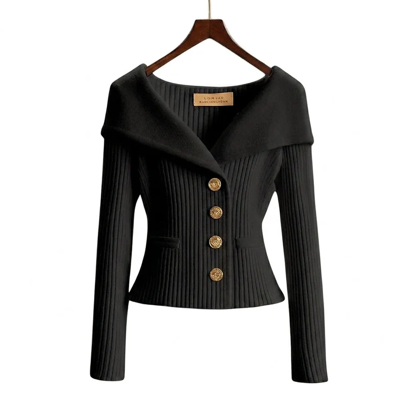Damen-Rippstrick-Cardigan mit Off-Shoulder-Kragen und Zierknöpfen