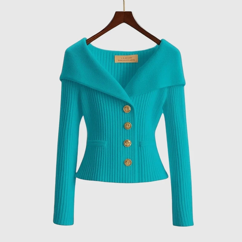 Damen-Rippstrick-Cardigan mit Off-Shoulder-Kragen und Zierknöpfen