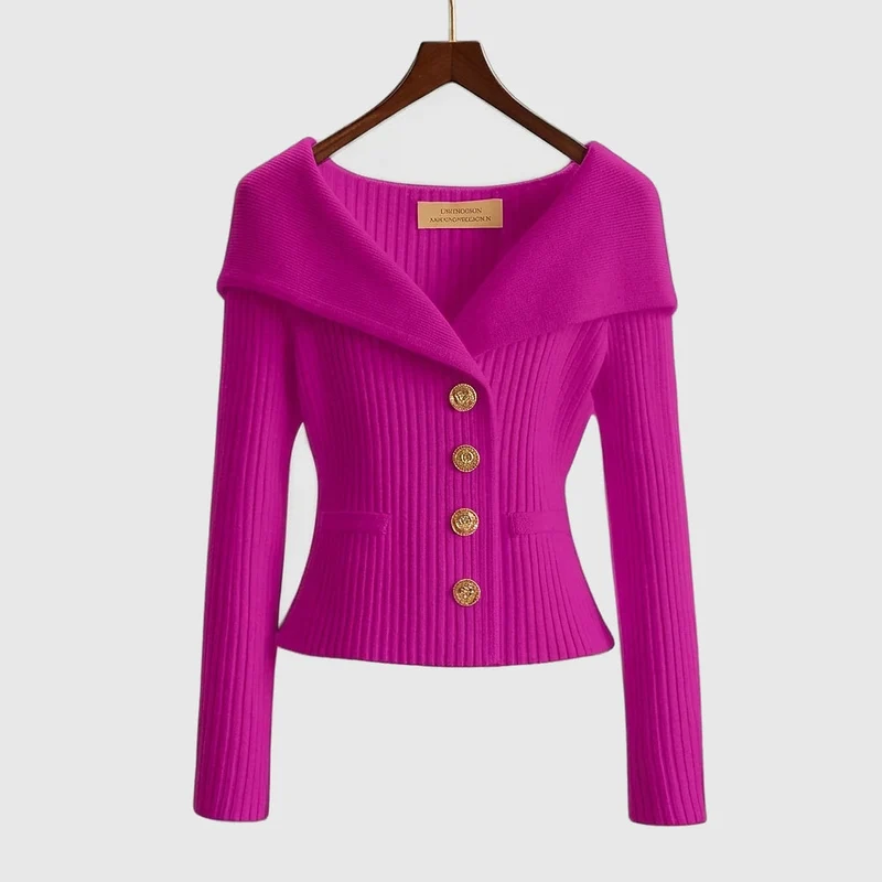 Damen-Rippstrick-Cardigan mit Off-Shoulder-Kragen und Zierknöpfen