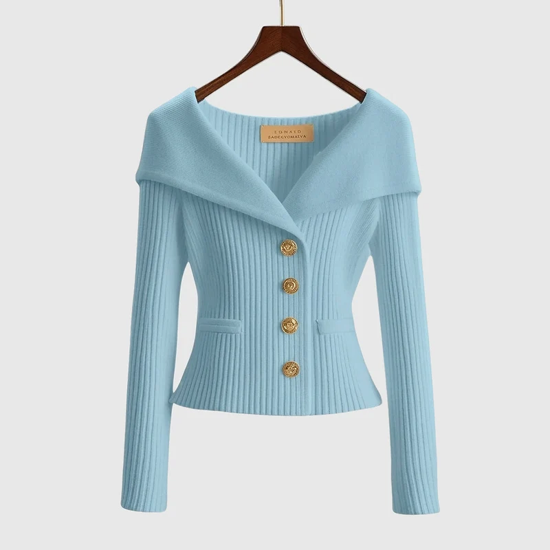 Damen-Rippstrick-Cardigan mit Off-Shoulder-Kragen und Zierknöpfen