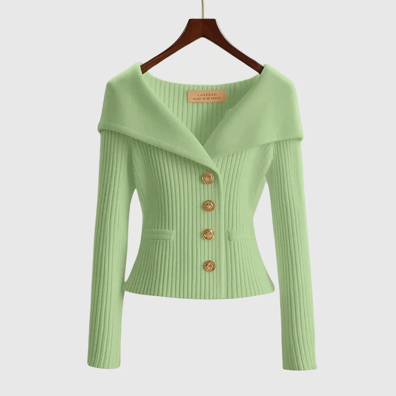 Damen-Rippstrick-Cardigan mit Off-Shoulder-Kragen und Zierknöpfen