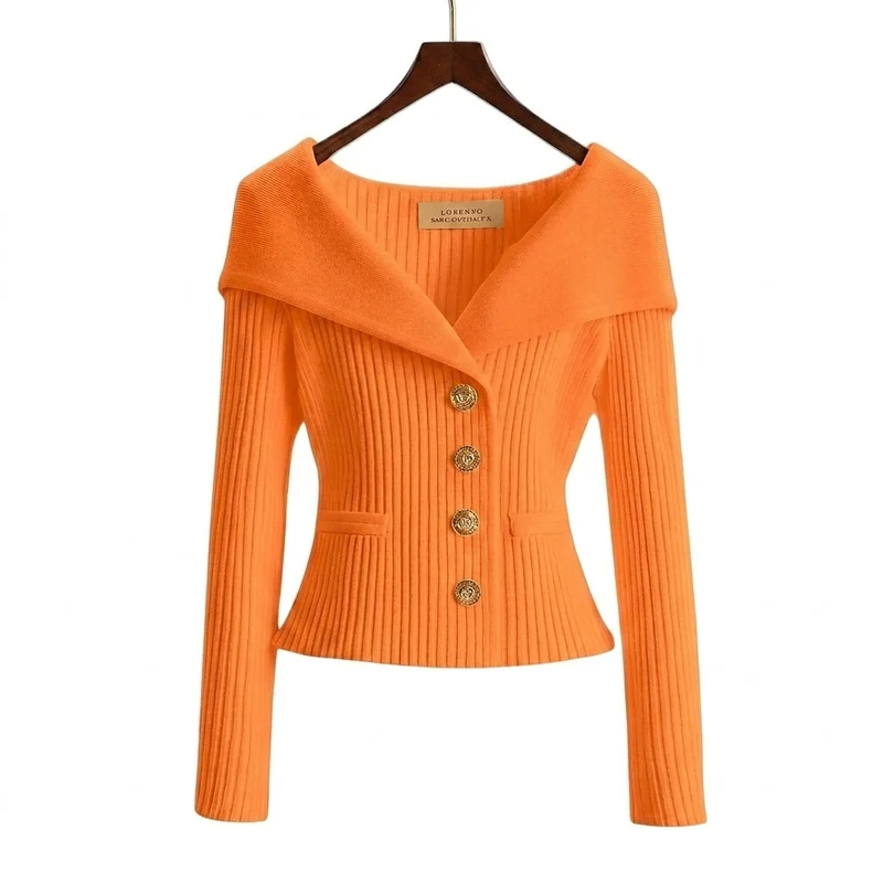 Damen-Rippstrick-Cardigan mit Off-Shoulder-Kragen und Zierknöpfen