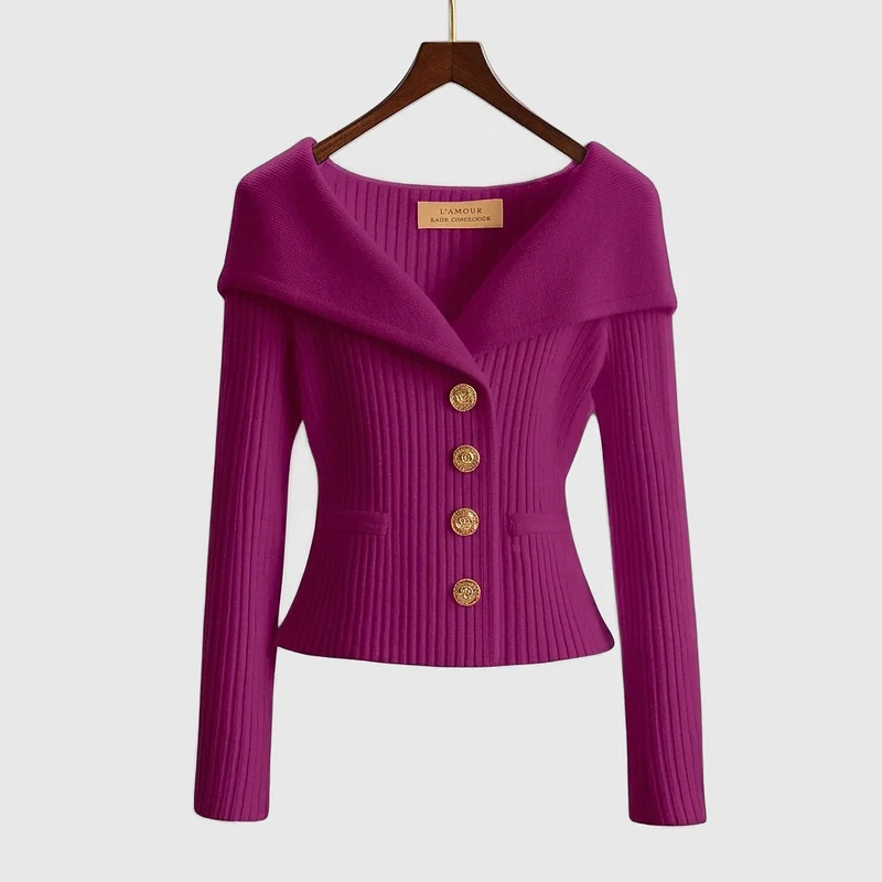 Damen-Rippstrick-Cardigan mit Off-Shoulder-Kragen und Zierknöpfen