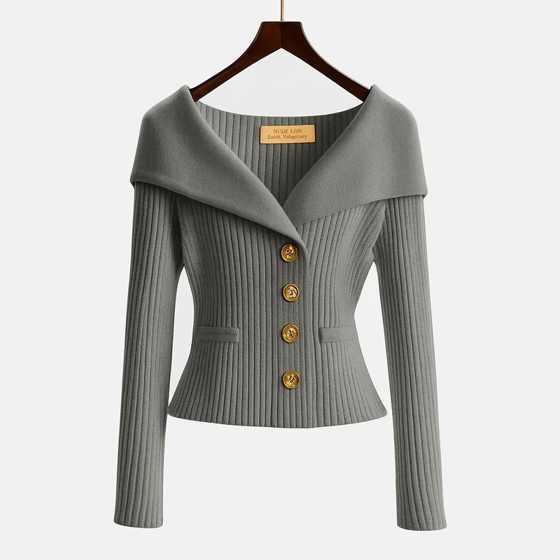 Damen-Rippstrick-Cardigan mit Off-Shoulder-Kragen und Zierknöpfen