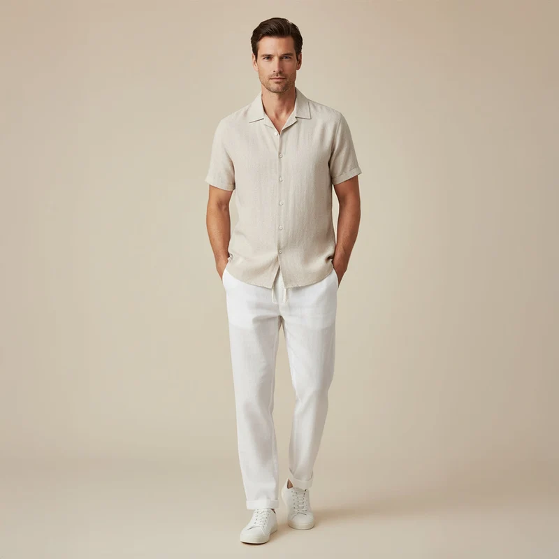 Herren-Set aus Kurzarmhemd mit Reverskragen und Hose mit Kordelzug