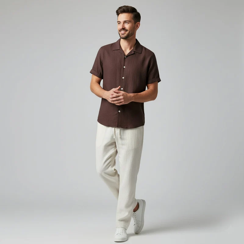 Herren-Set aus Kurzarmhemd mit Reverskragen und Hose mit Kordelzug