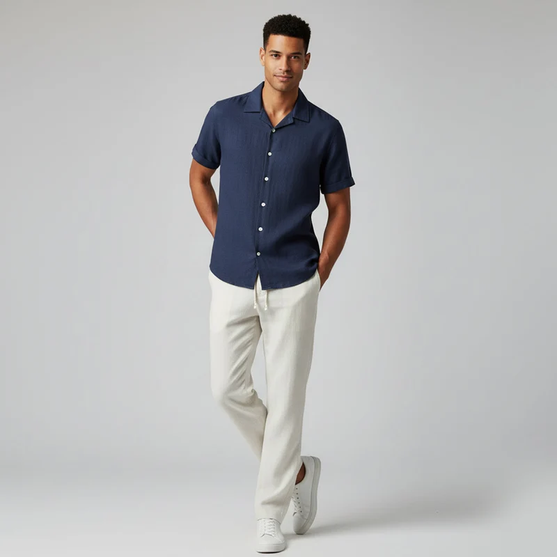 Herren-Set aus Kurzarmhemd mit Reverskragen und Hose mit Kordelzug