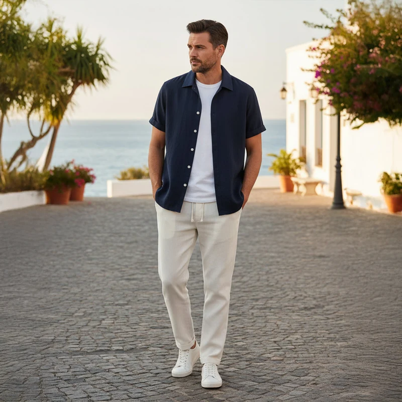 Herren-Set aus Kurzarmhemd mit Reverskragen und Hose mit Kordelzug