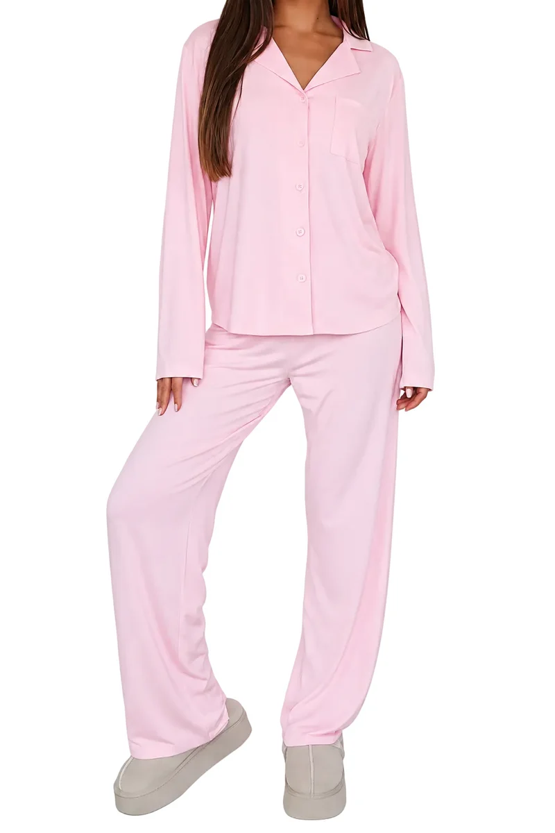 Damen-Pyjama-Set mit Knopfleiste und Reverskragen