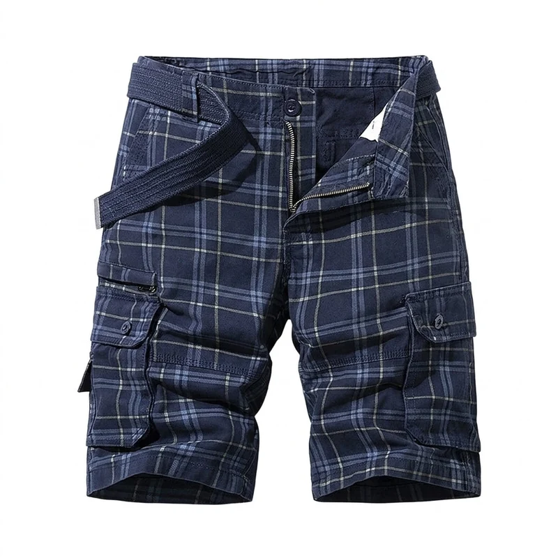 Herren Cargo Shorts mit Karomuster und Gürtel und Beintaschen