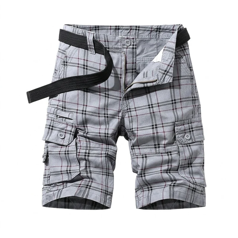 Herren Cargo Shorts mit Karomuster und Gürtel und Beintaschen