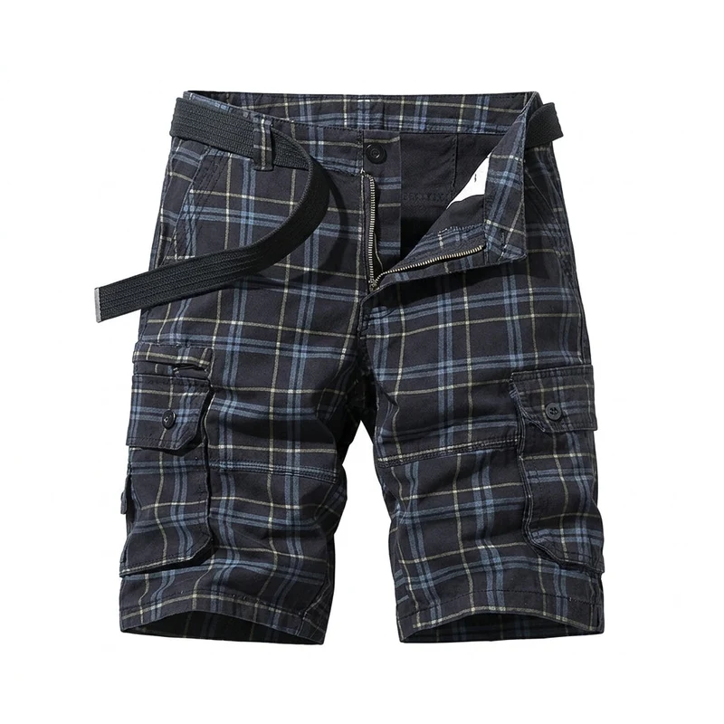 Herren Cargo Shorts mit Karomuster und Gürtel und Beintaschen