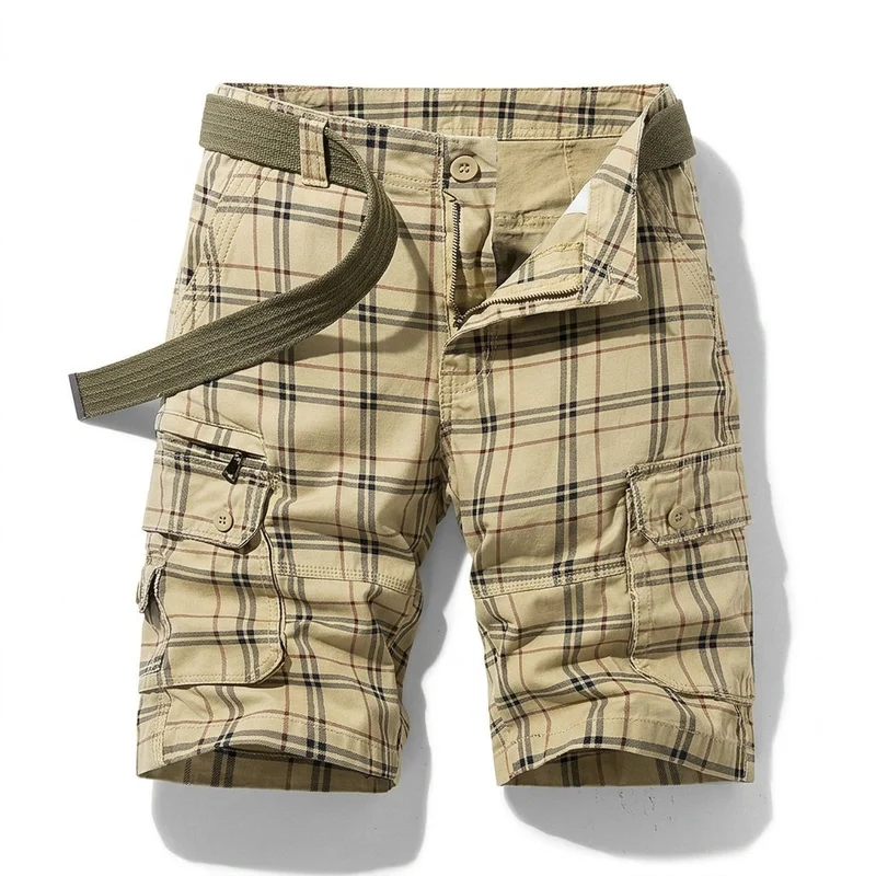 Herren Cargo Shorts mit Karomuster und Gürtel und Beintaschen