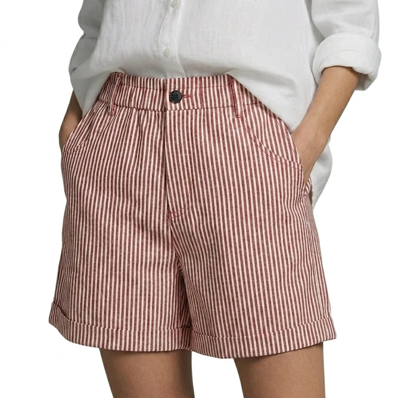 Damen Shorts mit vertikalen Streifen und hoher Taille und umgeschlagenem Saum und Gürtelschlaufen