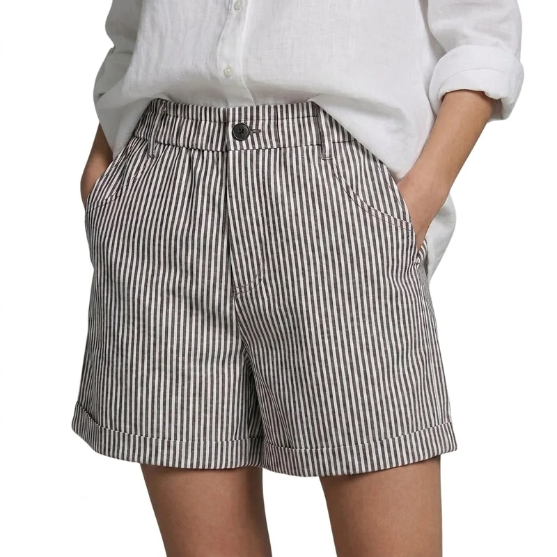 Damen Shorts mit vertikalen Streifen und hoher Taille und umgeschlagenem Saum und Gürtelschlaufen