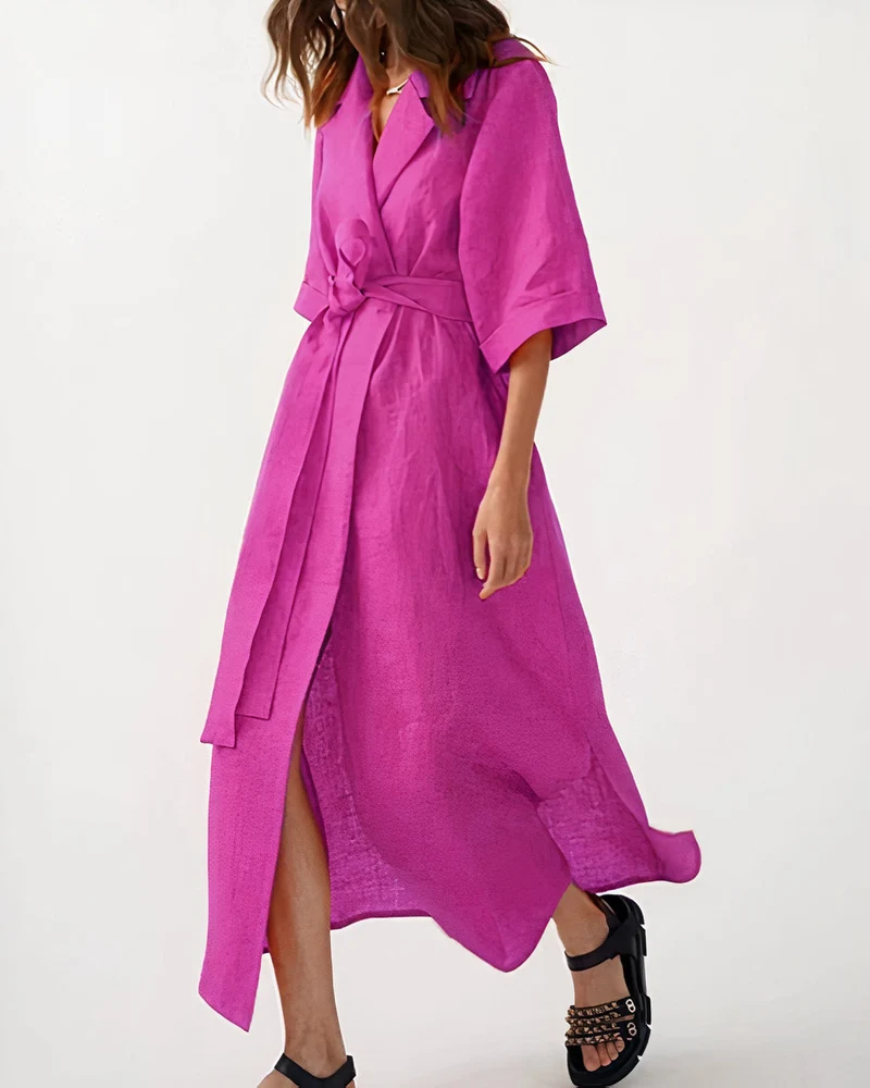 Damen Wickel-Midikleid mit Reverskragen, Weiten Ärmeln und Taillenband