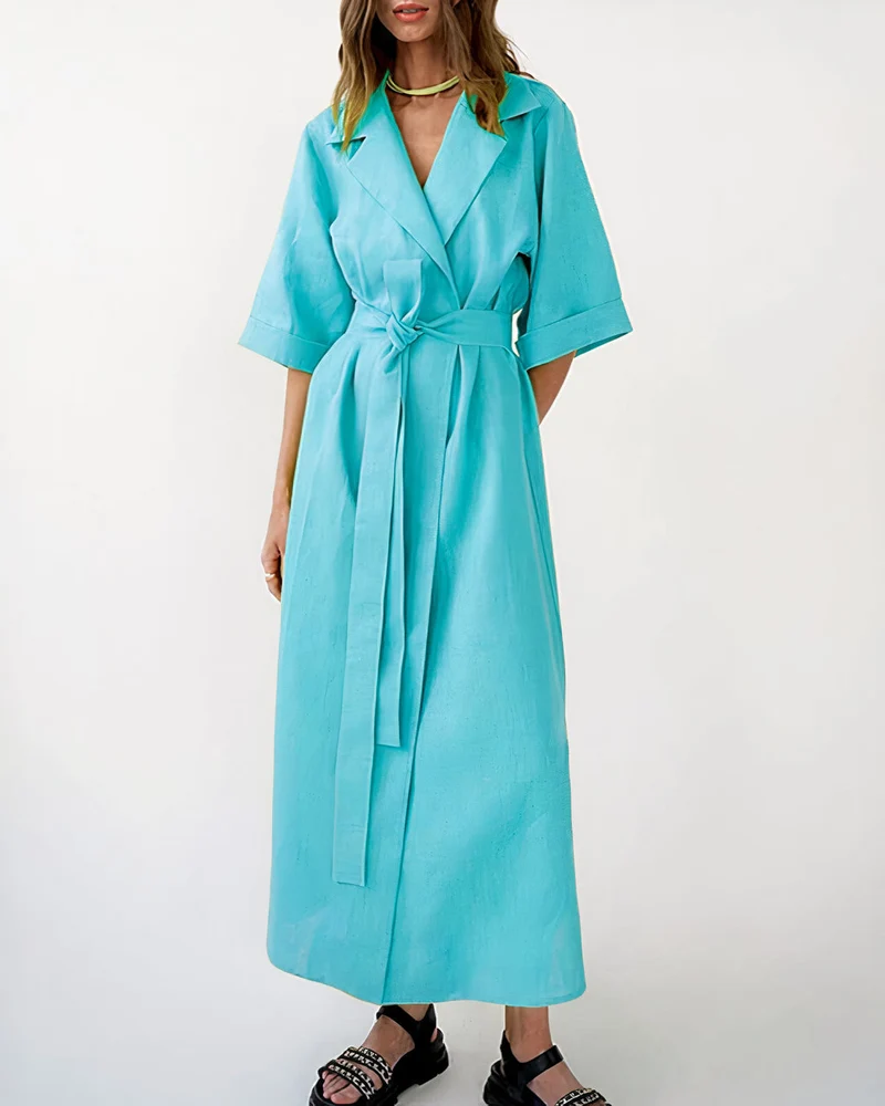 Damen Wickel-Midikleid mit Reverskragen, Weiten Ärmeln und Taillenband