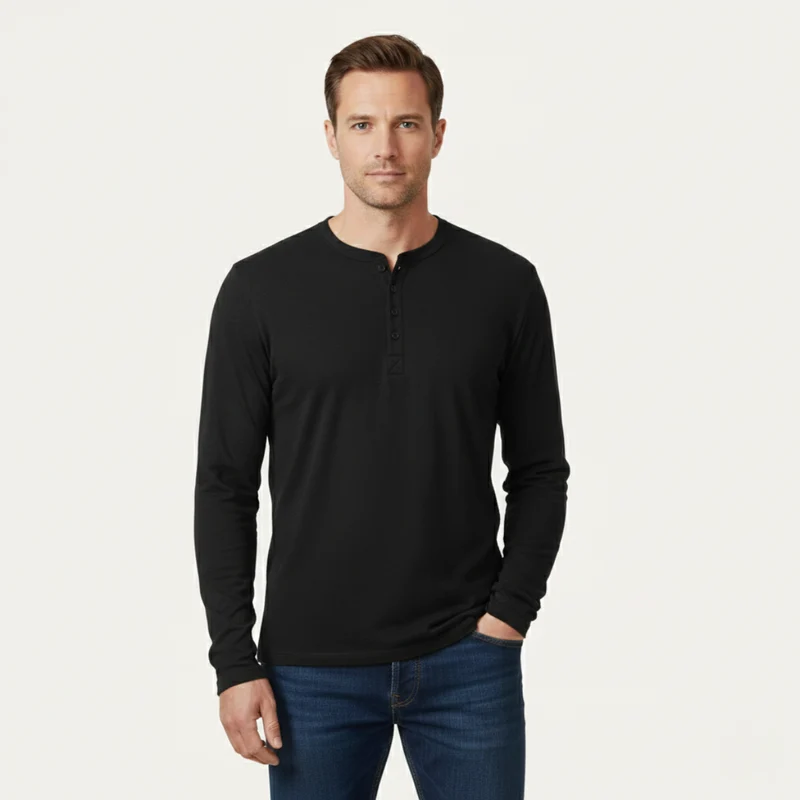 Herren-Langarm-Henley-Shirt mit Knopfleiste und Rundhalsausschnitt