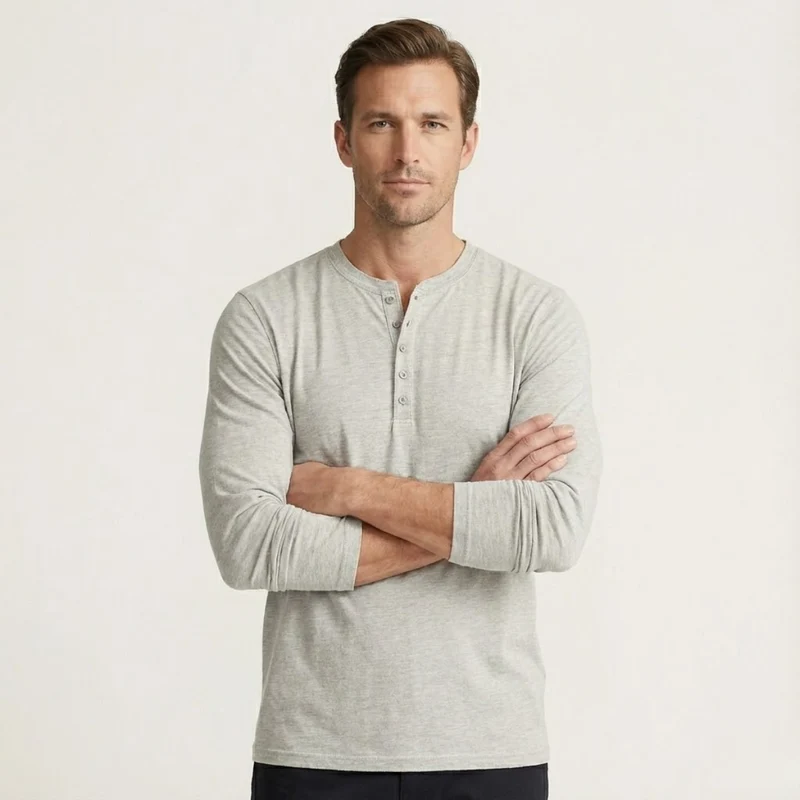 Herren-Langarm-Henley-Shirt mit Knopfleiste und Rundhalsausschnitt