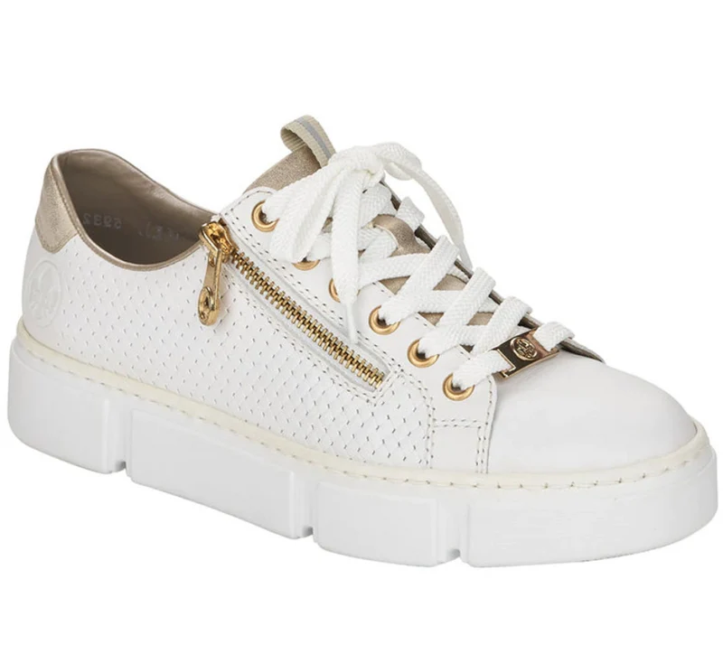 Rieker Damenmode-Ledersneaker – Weiß / Gold