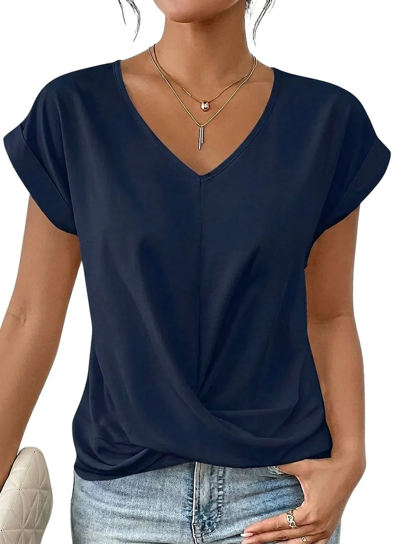 Damen-T-Shirt mit V-Ausschnitt, gekrempelten Ärmeln und Knotendetail