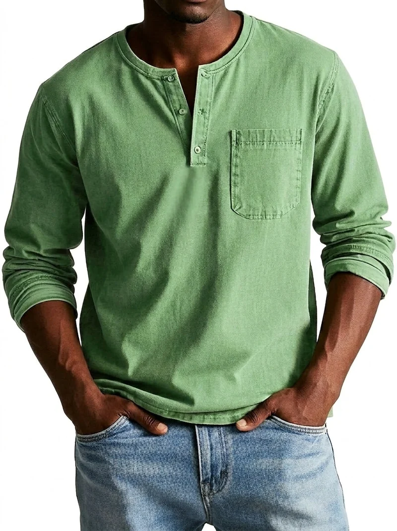 Herren Langarm-Henleyshirt mit Knopfleiste und Brusttasche