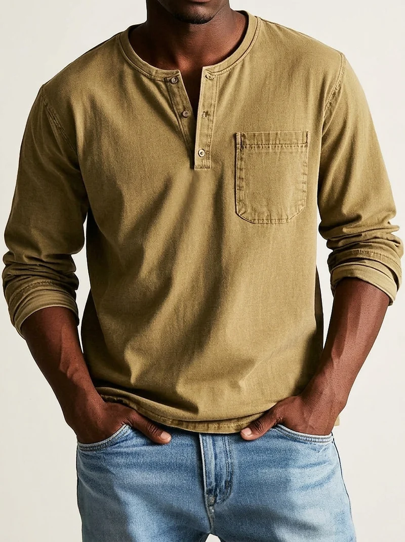 Herren Langarm-Henleyshirt mit Knopfleiste und Brusttasche