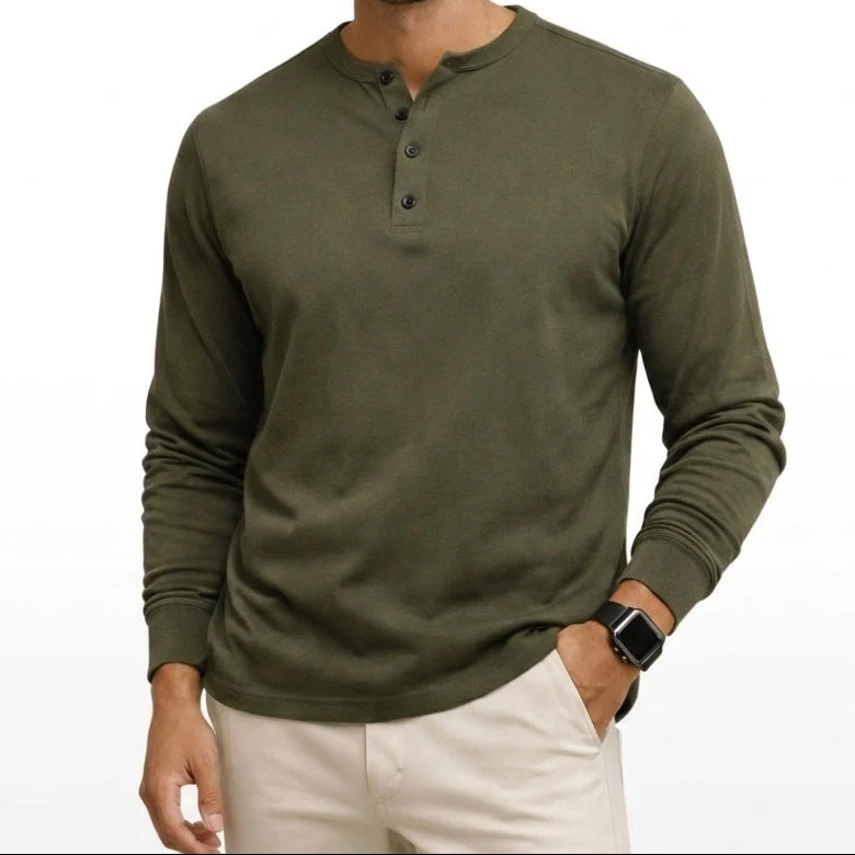 Herren-Langarm-Henley-Shirt mit Knopfleiste und Rippbündchen