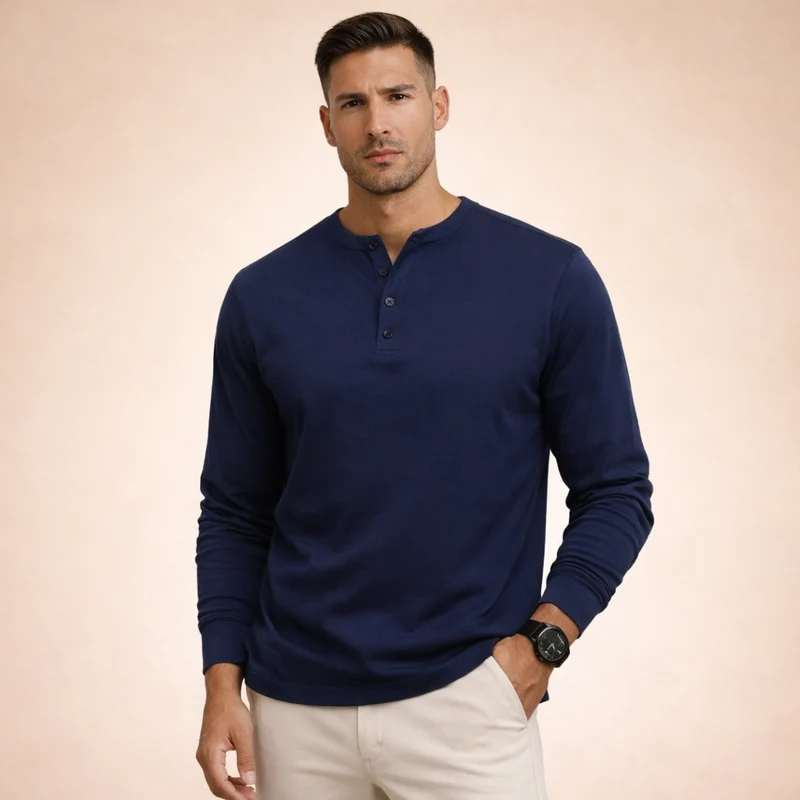 Herren-Langarm-Henley-Shirt mit Knopfleiste und Rippbündchen