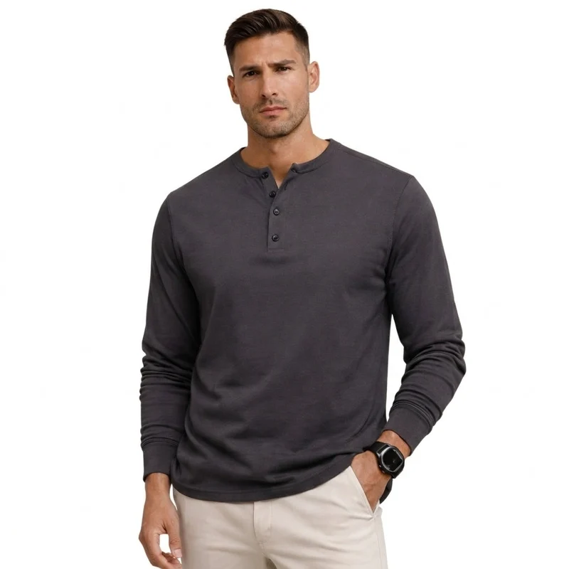 Herren-Langarm-Henley-Shirt mit Knopfleiste und Rippbündchen