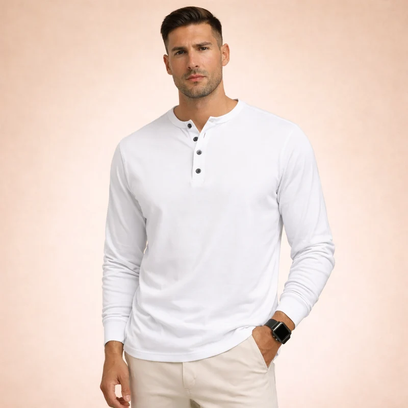 Herren-Langarm-Henley-Shirt mit Knopfleiste und Rippbündchen
