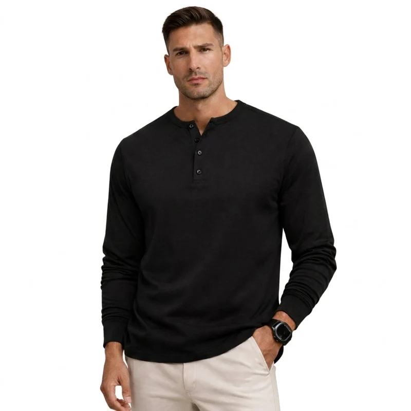 Herren-Langarm-Henley-Shirt mit Knopfleiste und Rippbündchen