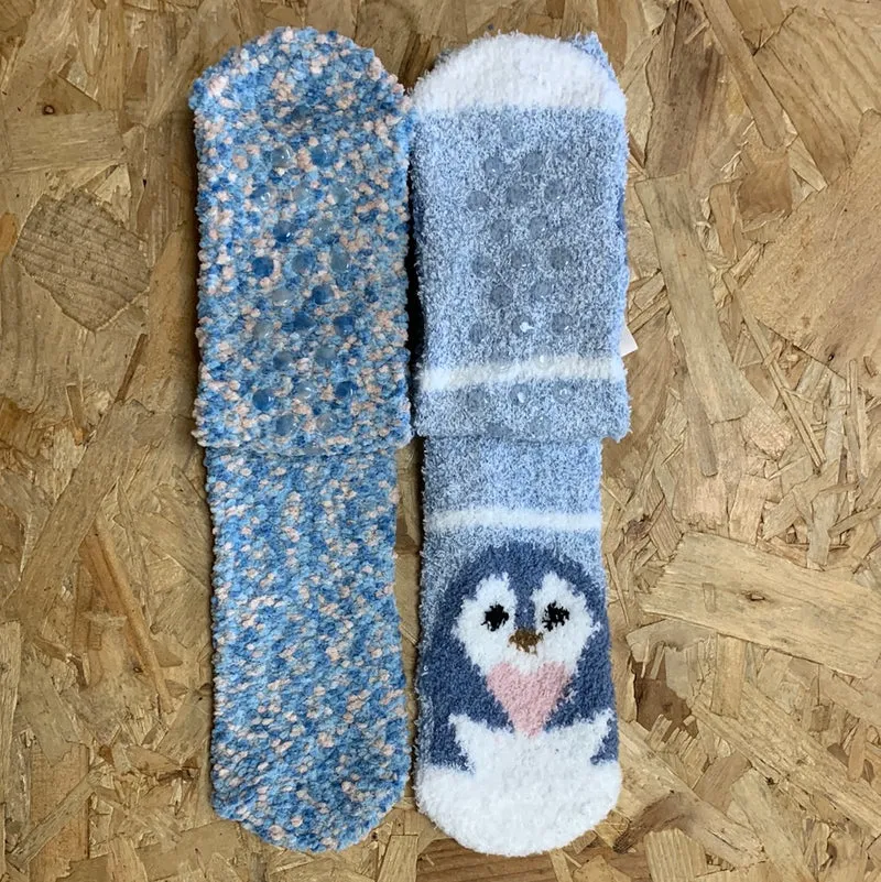 Bramble Flauschige Pinguin-Socken für Damen (2er-Pack) – Blau