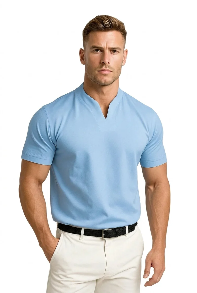 Herren-Kurzarmshirt mit Split-Kragen und Rippbündchen
