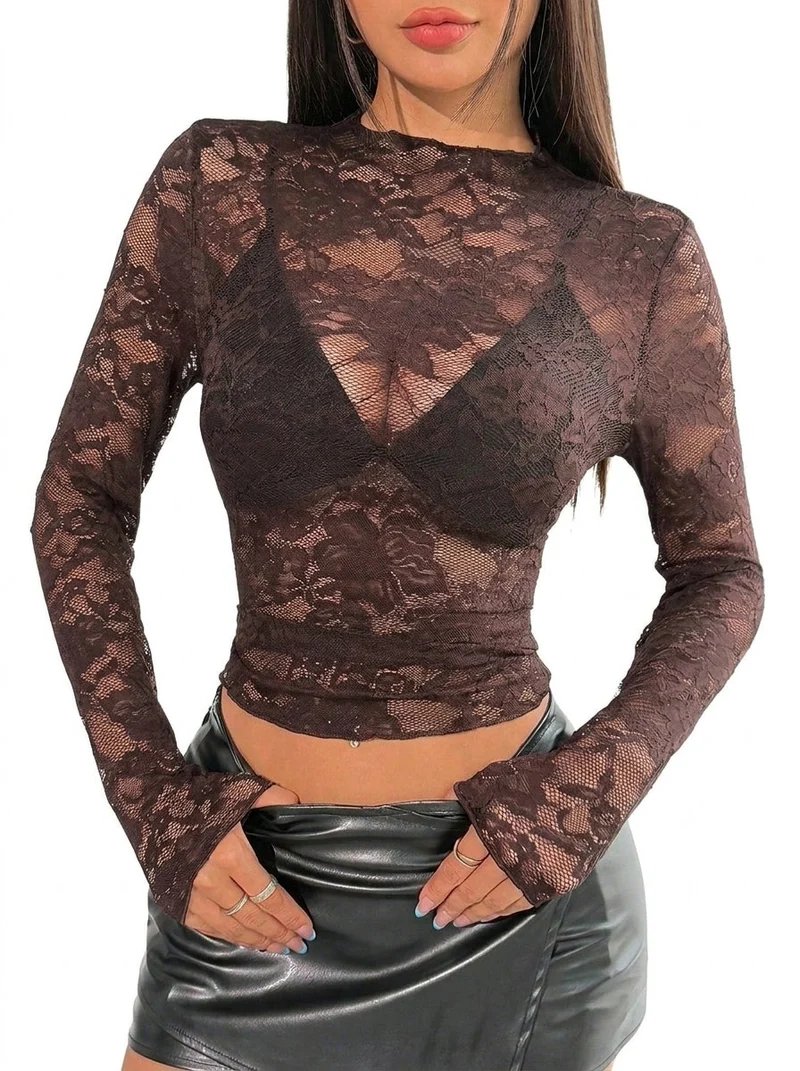 Damen Langarmshirt aus Spitze mit Stehkragen