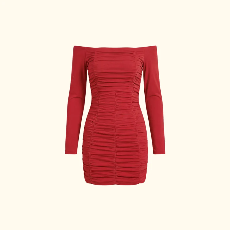 Damen-Minikleid mit schulterfreiem Ausschnitt und Raffungen