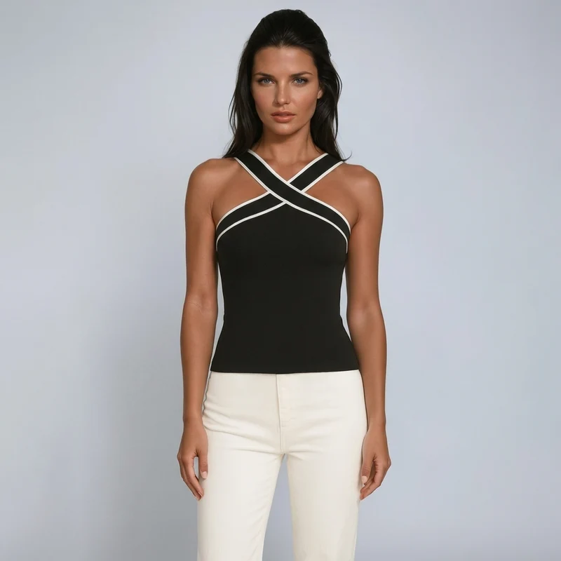 Damen-Tanktop mit überkreuztem Neckholder und Kontrastpaspelierung