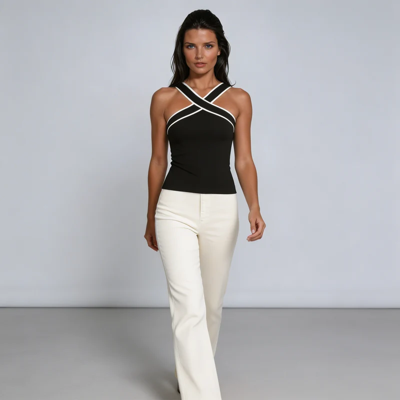 Damen-Tanktop mit überkreuztem Neckholder und Kontrastpaspelierung