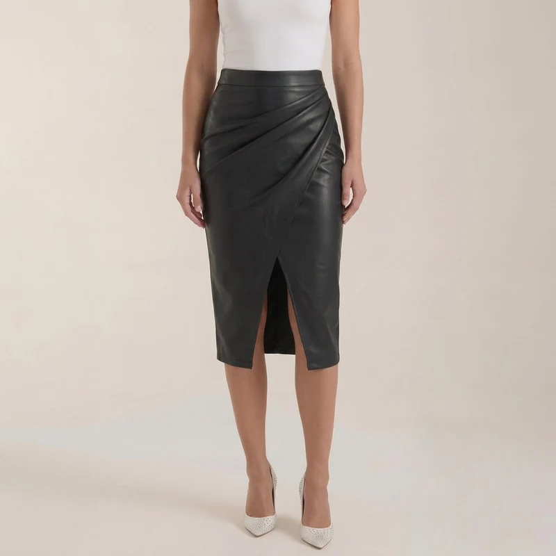 Damen Midi-Rock mit Raffung und vorderem Schlitz