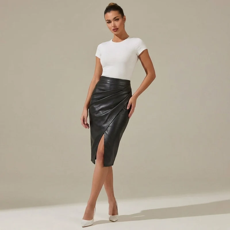 Damen Midi-Rock mit Raffung und vorderem Schlitz