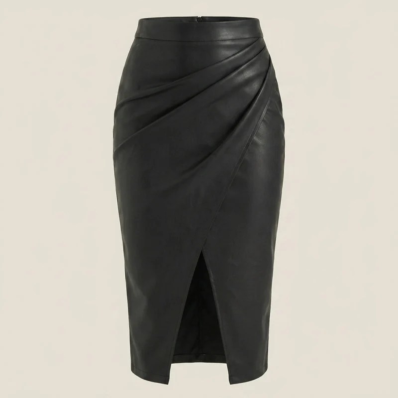 Damen Midi-Rock mit Raffung und vorderem Schlitz