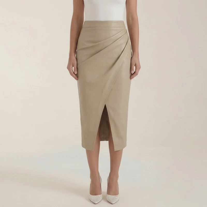Damen Midi-Rock mit Raffung und vorderem Schlitz