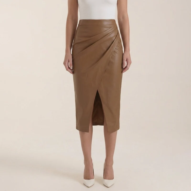 Damen Midi-Rock mit Raffung und vorderem Schlitz
