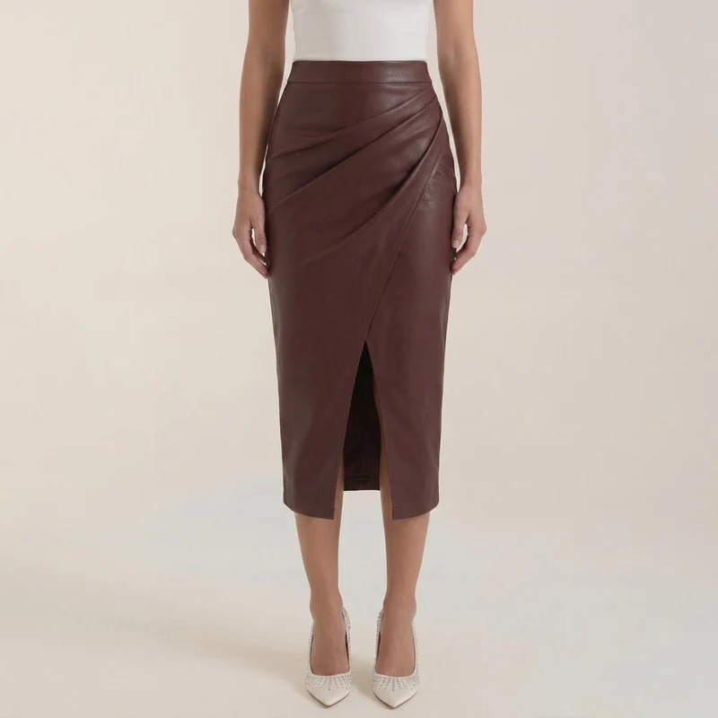 Damen Midi-Rock mit Raffung und vorderem Schlitz