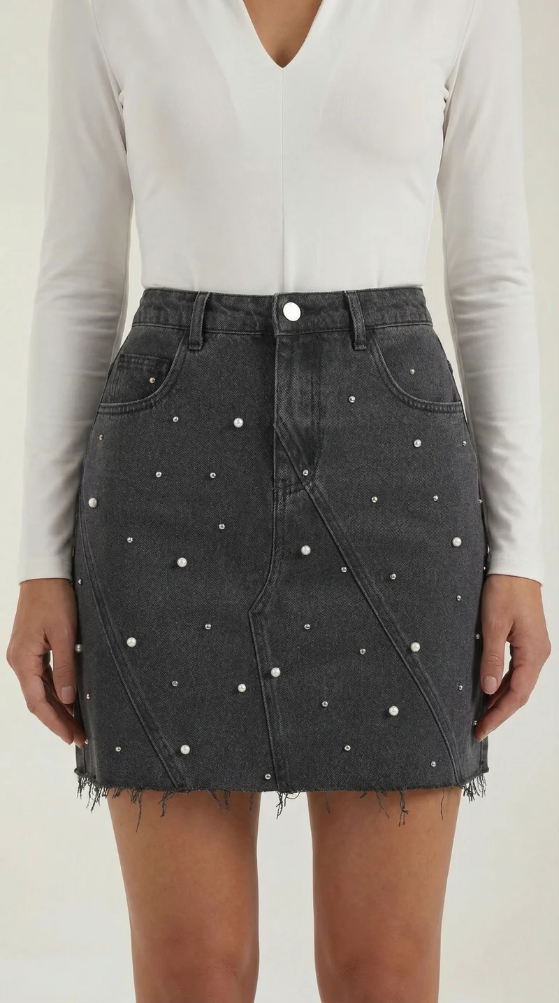 Damen Jeans Minirock mit Frontpaneelen, Knopfverschluss und offenem Saum
