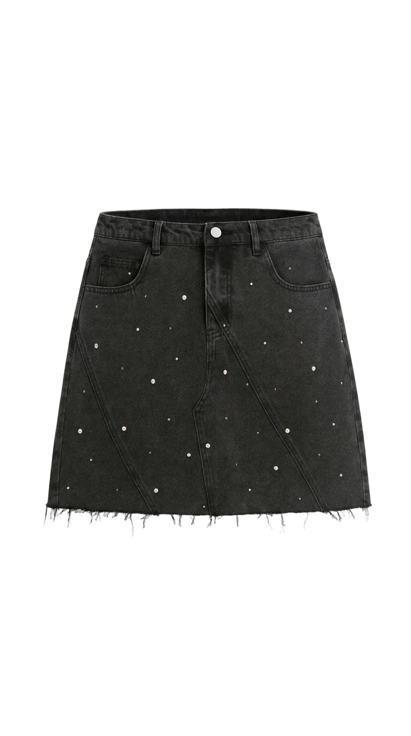 Damen Jeans Minirock mit Frontpaneelen, Knopfverschluss und offenem Saum